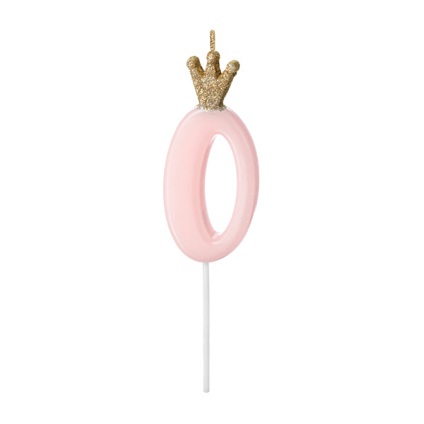 1 taartkaars - Cijfer 0 - Roze met kroon