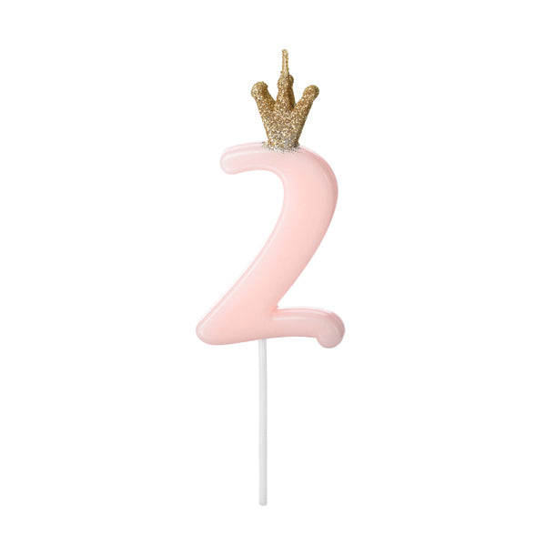 1 Taartkaarsje - Cijfer 2 - Roze met kroon