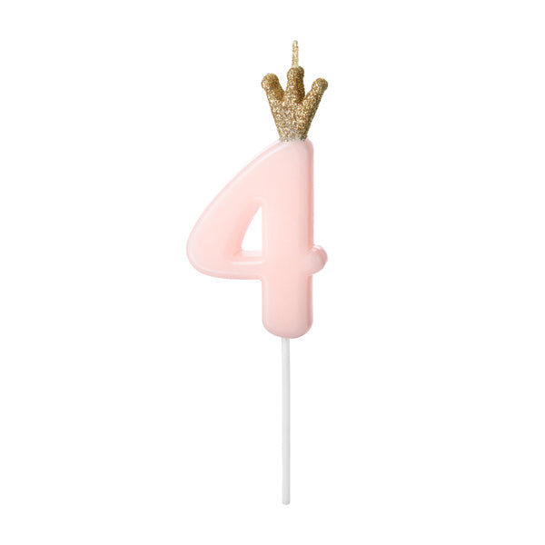 1 Taartkaars - Cijfer 4 - Roze met kroon