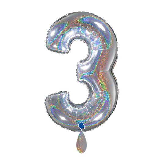 1 Ballon XL - Nummer 3 - Glitter holografisch zilver