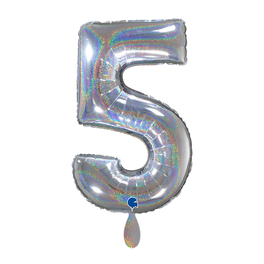 1 Ballon XL - Cijfer 5 - Glitter Holografisch Zilver