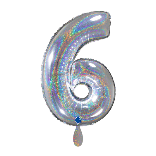1 Ballon XL - Cijfer 6 - Glitter Holografisch Zilver