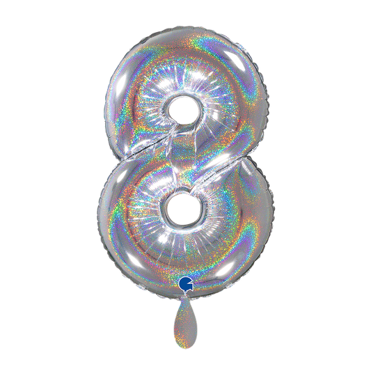 1 Ballon XL - Nummer 8 - Glitter Holografisch Zilver