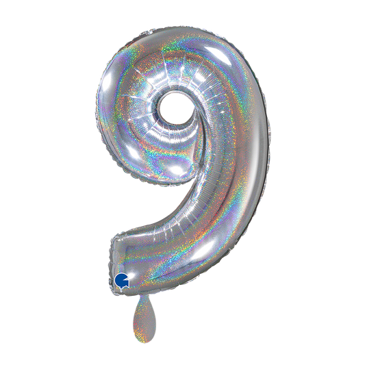1 Ballon XL - Cijfer 9 - Glitter Holografisch Zilver