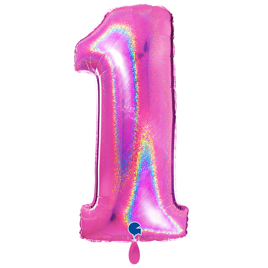 1 ballon XXL - Cijfer 1 - Glitter Holografisch Fuchsía