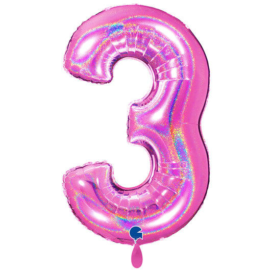 1 Ballon XXL - Cijfer 3 - Glitter Holografisch Fuchsía