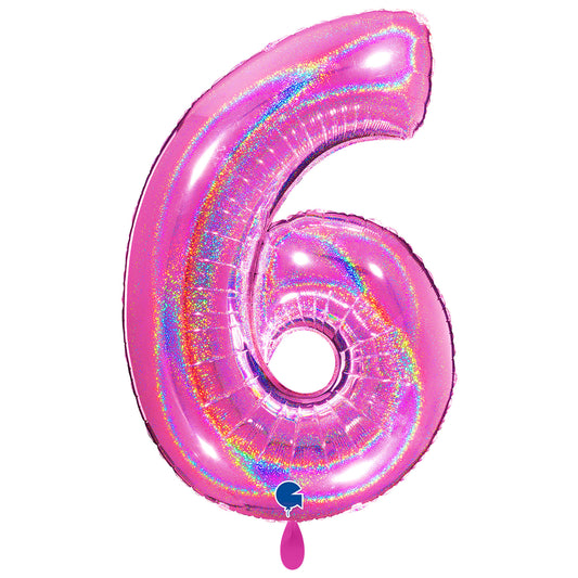 1 Ballon XXL - Zahl 6 - Glitter Holographic Fuchsia