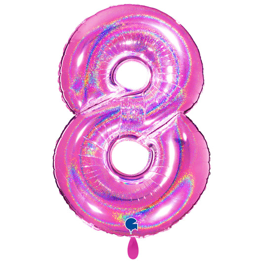 1 Ballon XXL - Nummer 8 - Glitter Holografisch Fuxia