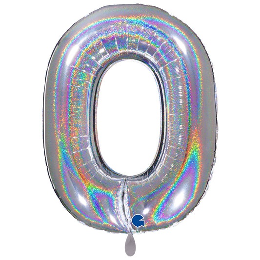 1 Ballon XXL - Cijfer 0 - Glitter Holografisch Zilver