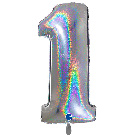 1 Ballon XXL - Nummer 1 - Holografisch Zilver Glitter