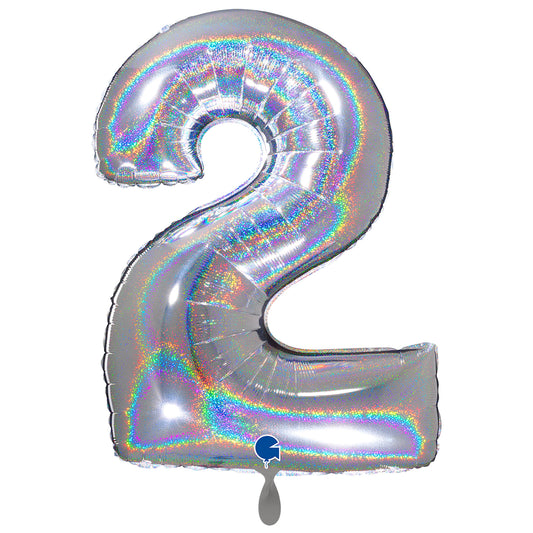 1 Ballon XXL - Nummer 2 - Glitter Holografisch Zilver