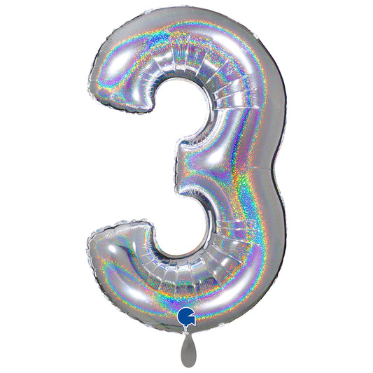1 Ballon XXL - Nummer 3 - Glitter Holografisch Zilver