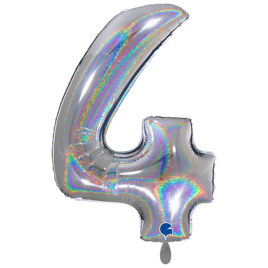 1 Ballon XXL - Cijfer 4 - Holografisch Zilver Glitter
