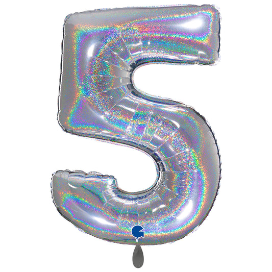 1 Ballon XXL - Nummer 5 - Glitter Holografisch Zilver