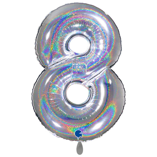 1 Ballon XXL - Cijfer 8 - Glitter Holografisch Zilver