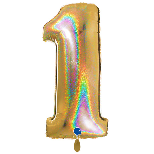 1 Ballon XXL - Nummer 1 - Glitter Holografisch Goud