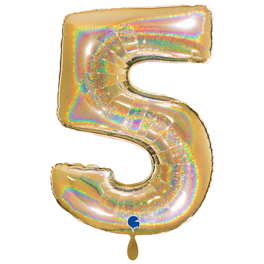 1 Ballon XXL - Cijfer 5 - Glitter Holografisch Goud