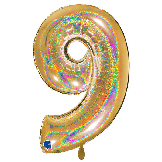 1 Ballon XXL - Cijfer 9 - Glitter Holografisch Goud