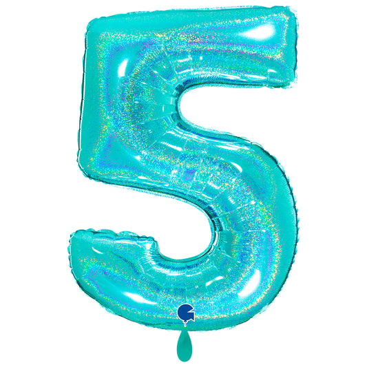 1 Ballon XXL - Nummer 5 - Glitter Holografisch Tiffany