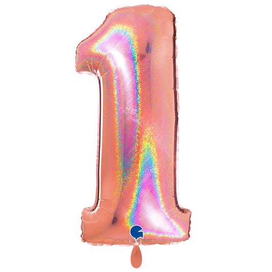 1 Ballon XXL - Cijfer 1 - Glitter Holografisch Roségoud