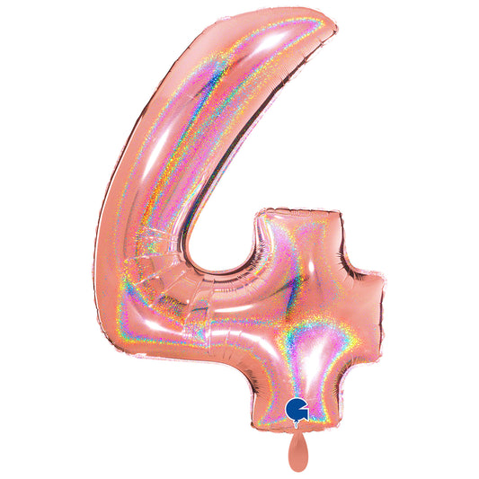 1 Ballon XXL - Zahl 4 - Holografisch Roségold Glitzer