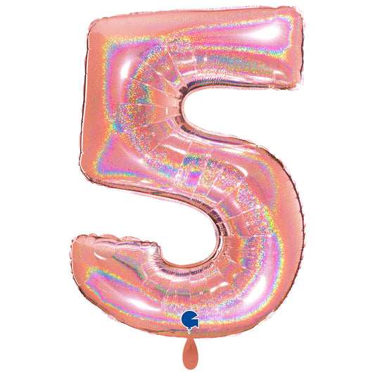 1 Ballon XXL - Nummer 5 - Glitter Holografisch Roségoud