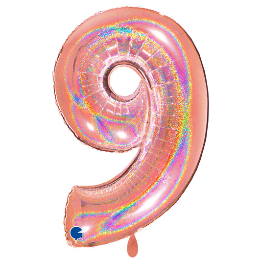 1 Ballon XXL - Nummer 9 - Glitter Holografisch Roségoud