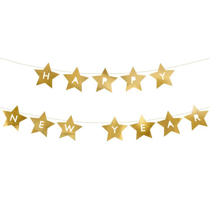 1 Banner-Girlande – Goldene Sterne Frohes Neues Jahr