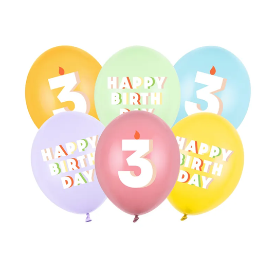 6 Motiefballonnen - Ø 30 cm - Happy Birthday 3 - Mix