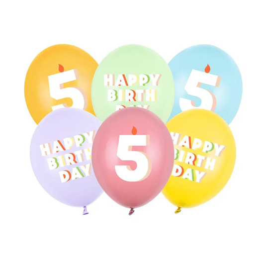 6 Motivballonnen - Ø 30 cm - Happy Birthday 5 - Mix