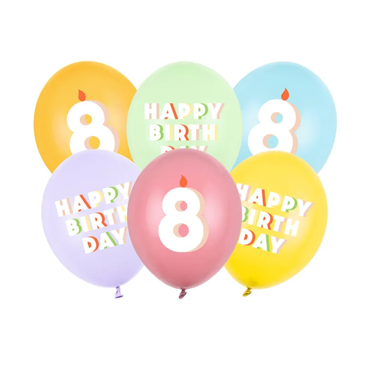 6 Folieballonnen - Ø 30 cm - Happy Birthday 8 - Mix