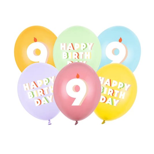 6 Motiefballonnen - Ø 30 cm - Happy Birthday 9 - Mix