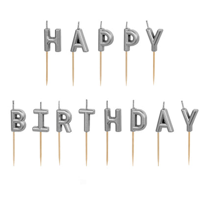 13 taartkaarsen - Happy Birthday zilver
