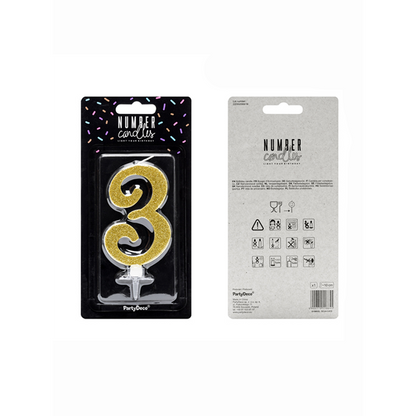 1 Taartkaars XL - Cijfer 3 - Goud Glittery