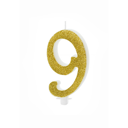 1 taartkaars XL - Cijfer 9 - Goud Glittery