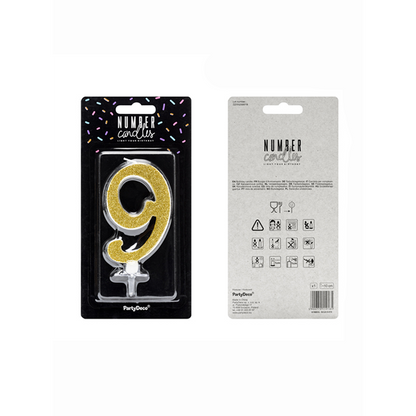 1 taartkaars XL - Cijfer 9 - Goud Glittery