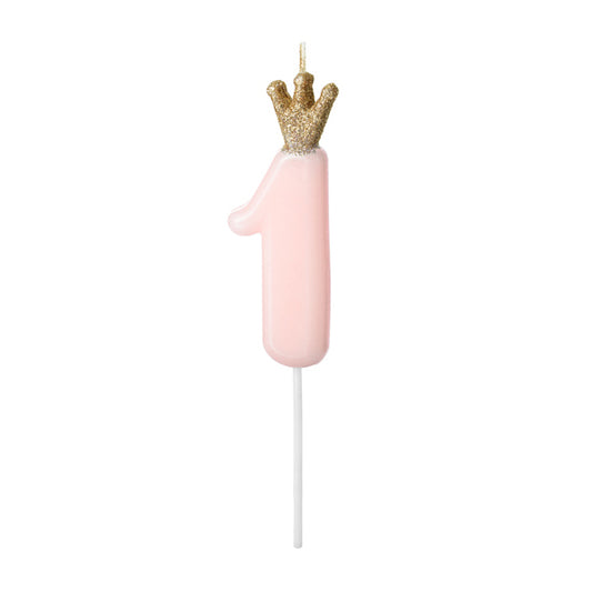 1 taartkaars - cijfer 1 - roze met kroon