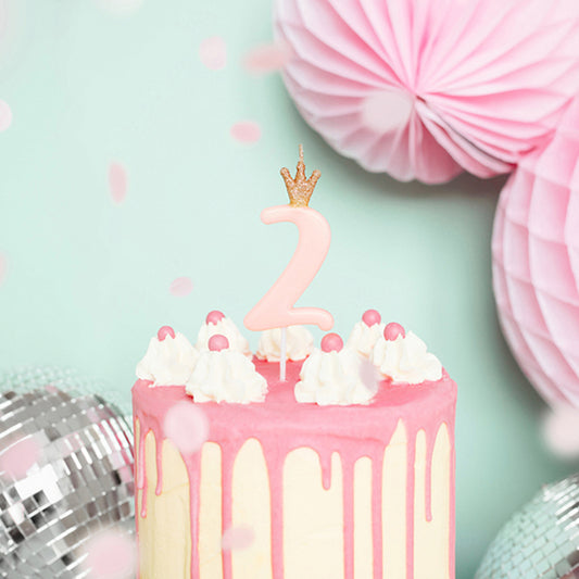 1 Taartkaarsje - Cijfer 2 - Roze met kroon