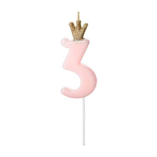 1 taartkaars - Cijfer 3 - Roze met kroon