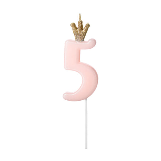 1 taartkaars - Cijfer 5 - Roze met kroon