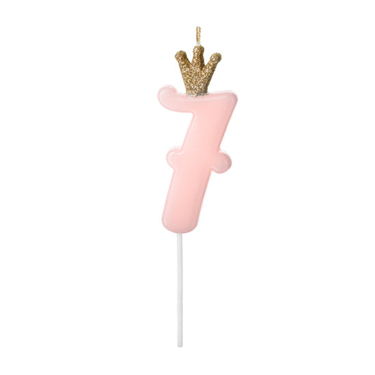 1 taartkaars - Cijfer 7 - Roze met kroon