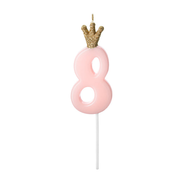 1 taartkaarsje - cijfer 8 - roze met kroon