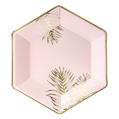 6 papieren borden Trend - Ø 23 cm - Roze palmbladeren